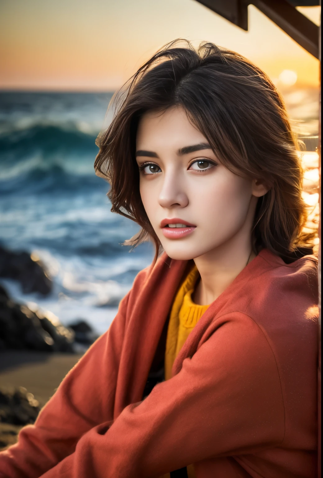 (best quality,4k,8k,highres,masterpiece:1.2),ultra-detailed,(Ultra-realistic, photorealistic,photo-realistic:1.37), 1 beautiful young Japanese Italian half model, 17yo, She's posing in a way that emphasizes her breasts, seductive pose, (sitting on coral coast in Australia:1.5), detailed eyes, high nose, blue eyes, delicate facial features, long eyelashes, peaceful expression, colorful dress, detailed folds and textures, Sparkling Waves, warm vibrant colors, cinematic lighting, 8k, high quality, photorealistic, studio lighting, detailed texture, vivid colors, toned body, detailed moist skin texture,