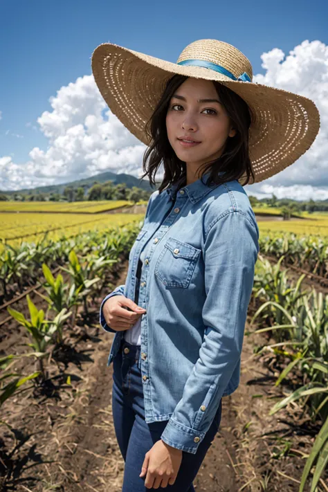 shot by Sony a7 IV Mirrorless Camera, natural light, analog film photo, Kodachrome ,An agronomist woman dressed in jeans and a w...