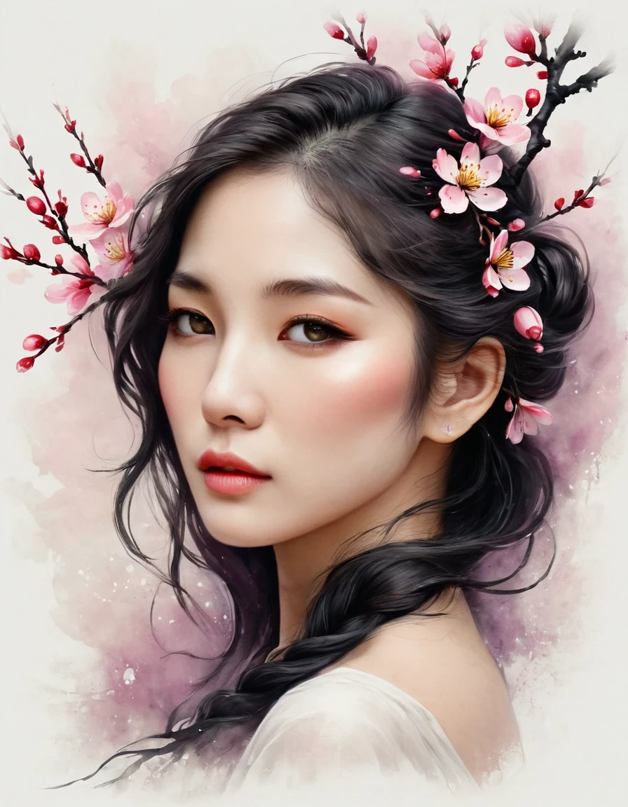 wallpaper，32K，Painted style，Modern minimalist art，（Close-up of a woman with a plum blossom tattoo on her neck）,Woman with pretty face，Black long hair，（Neck tattoo of plum blossom：1.3），Flowing hair illustration，Fair face，slim, beautiful eyes， Elegant digital art, Beautiful digital illustrations, Beautiful character painting, 
