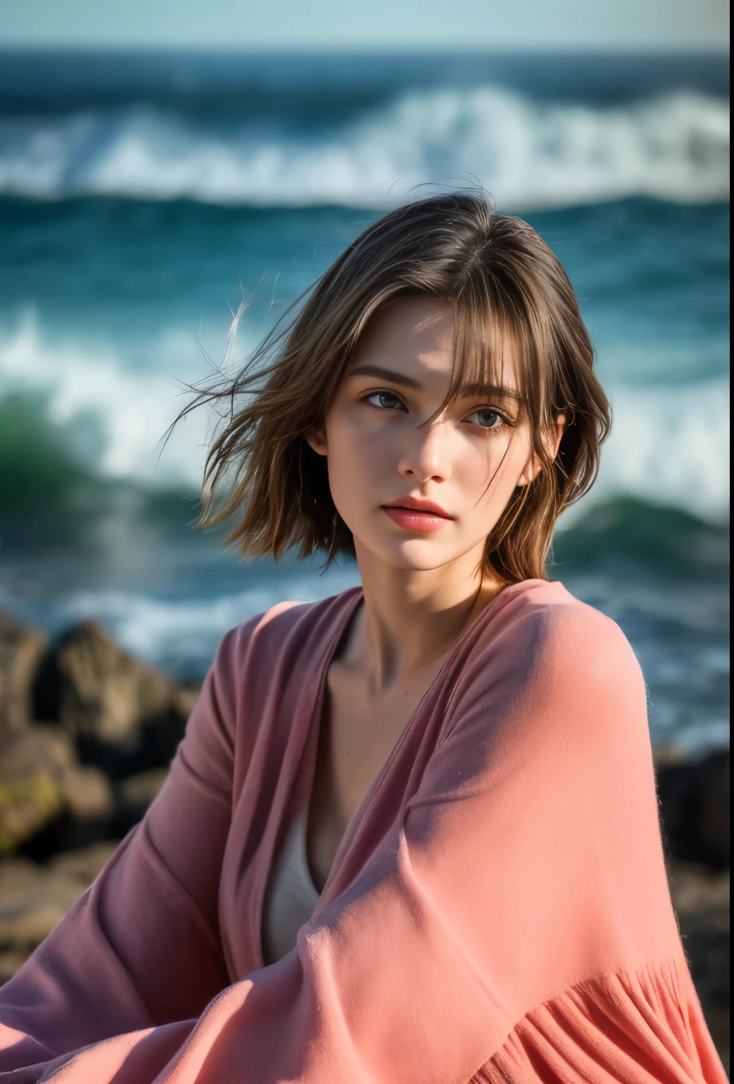 (best quality,4k,8k,highres,masterpiece:1.2),ultra-detailed,(Ultra-realistic, photorealistic,photo-realistic:1.37), 1 beautiful young Japanese Italian half model, 17yo, She's posing in a way that emphasizes her breasts, seductive pose, (sitting on coral coast in Australia:1.5), detailed eyes, high nose, blue eyes, delicate facial features, long eyelashes, peaceful expression, colorful dress, detailed folds and textures, Sparkling Waves, warm vibrant colors, cinematic lighting, 8k, high quality, photorealistic, studio lighting, detailed texture, vivid colors, toned body, detailed moist skin texture,