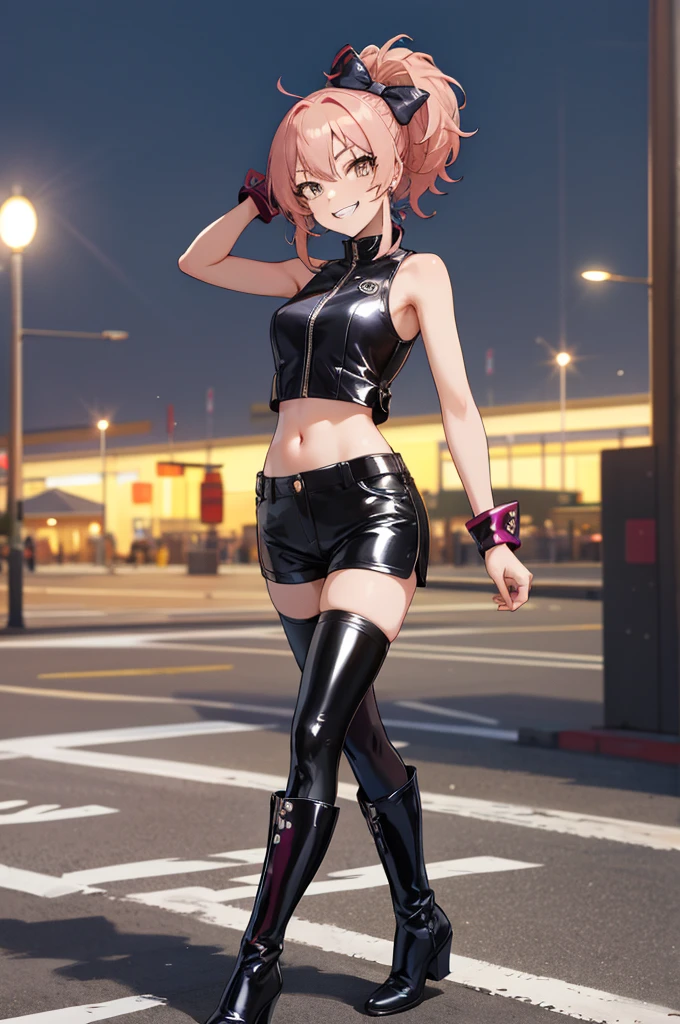 masterpiece, best quality, highres, aamika, ponytail, hair bow,,grin,evil smile, , latex ,looking viewer,thighhighs,shorts,boots,navel,sleeveless,standing,outdoor