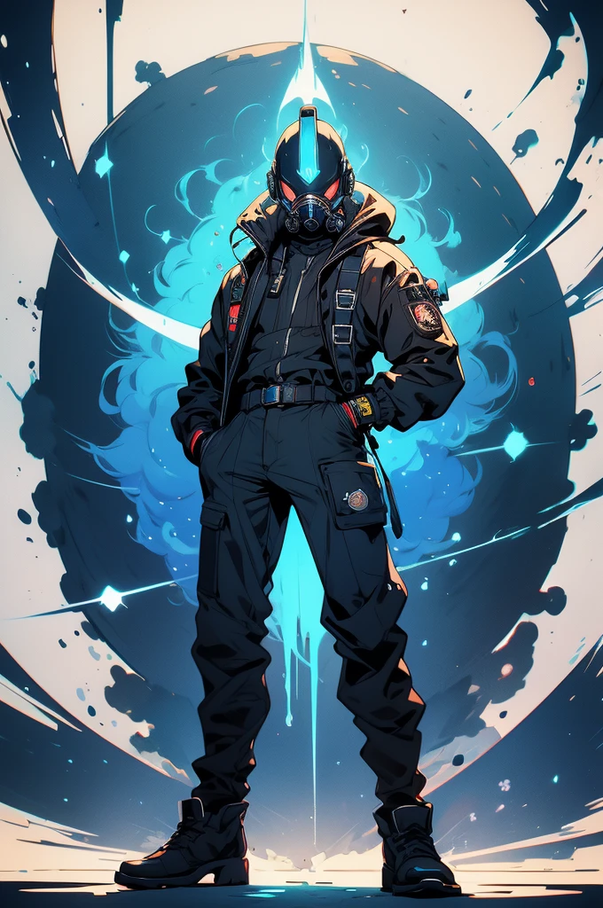 (best quality), masterpiece, full body shot, anime, NSFW, skinny, , perfect body, 1boy, male, dark blue, (white skin), spiky blue hair, gas mask, blue goggles, mad scientist, anxious, super villain, super suit, hazmat suit, gloves, boots, stylized suit symbol, futuristic style, gas bombs, chemicals, heroic pose, peace sign, futuristic background, giant gas cloud background