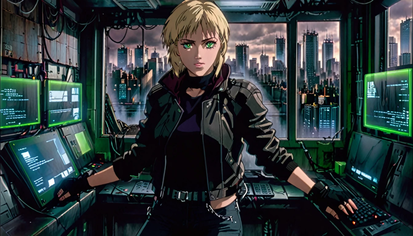 1girl, blonde hair, short hair, green eyes, glowing left eye, 21 years old, leather jacket, gloves, black gloves, jeans, boots, dark warehouse, 1 computer with three led monitors, window, city, detailed realistic portrait, cinematic lighting, dramatic contrast, moody atmosphere, high quality, highly detailed, sharp focus, photorealistic, hyperrealistic, dramatic lighting, intricate details, vivid colors, cinematic composition, high resolution, masterpiece