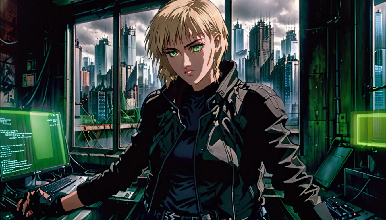 1girl, blonde hair, short hair, green eyes, glowing left eye, 21 years old, leather jacket, gloves, black gloves, jeans, boots, dark warehouse, 1 computer with three led monitors, window, city, detailed realistic portrait, cinematic lighting, dramatic contrast, moody atmosphere, high quality, highly detailed, sharp focus, photorealistic, hyperrealistic, dramatic lighting, intricate details, vivid colors, cinematic composition, high resolution, masterpiece