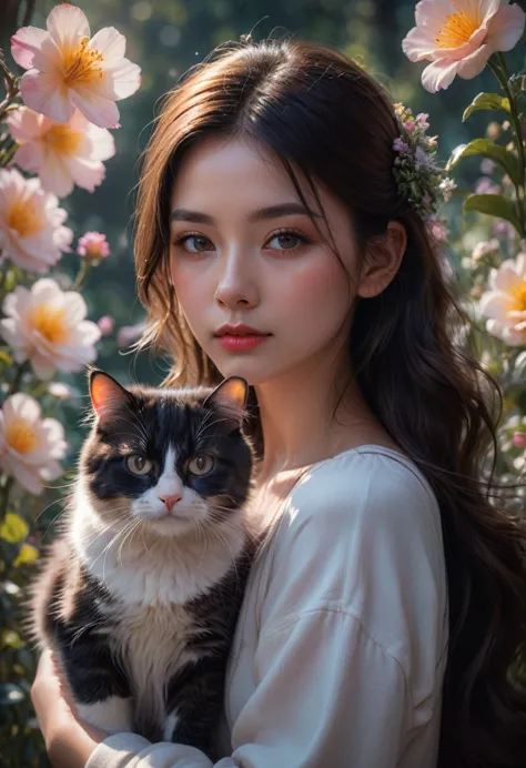 Catを連れた少女, a beautiful girl with a Cat, girl with a cute Cat, girl petting a Cat, girl in a flowery meadow with a Cat, girl in a...