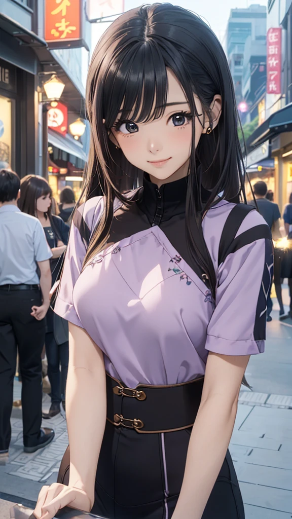 young woman、smile、((Random Hairstyles))、Blushing、((masterpiece、High resolution、16K))、((Random design spring clothes))、(Very close:1.5)、Explore the city at night、(Focus on the upper body:1.5)