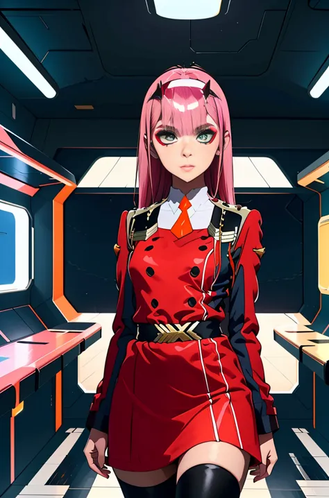 zero-two, long straight and shiny pink hair, small white tiara with two small red horns, (white tiara), straight bangs cover the...