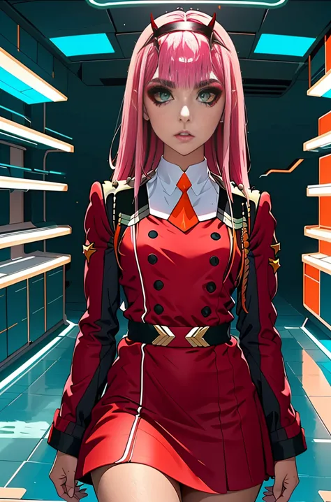 zero-two, long straight and shiny pink hair, small white tiara with two small red horns, (white tiara), straight bangs cover the...