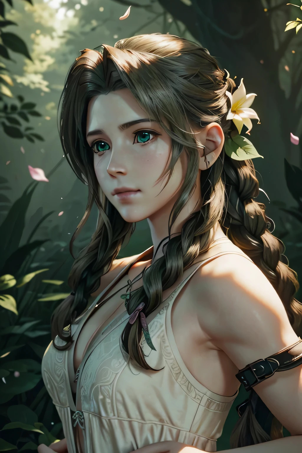 1girl, solo, single braid, green eyes, brown hair, FF7 Aerith, (ultra detailed, masterpiece, best quality), intricate details, cinematic lighting, dramatic pose, serene expression, lush forest background, sunlight filtering through the leaves, floating flower petals, warm color palette, photorealistic, 8k