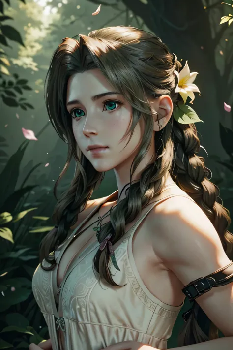 1girl, solo, single braid, green eyes, brown hair, FF7 Aerith, (ultra detailed, masterpiece, best quality), intricate details, c...