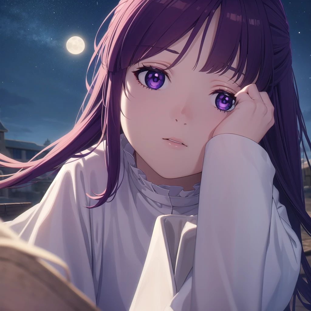 fern, fern, long hair, bangs, (purple eyes:1.1), purple hair, sidelocks, blunt bangs, (bright pupils:1.5),
BREAK long sleeves, dress, white dress, long dress,
BREAK outdoor, night, sky, castle, moon, clouds,
BREAK looking at viewer, (cowboy shot:1.5),
BREAK (masterpiece:1.2), best quality, high resolution, unity 8k wallpaper, (illustration:0.8), (beautiful detailed eyes:1.6), extremely detailed face, perfect lighting, extremely detailed CG, (perfect hands, perfect anatomy),