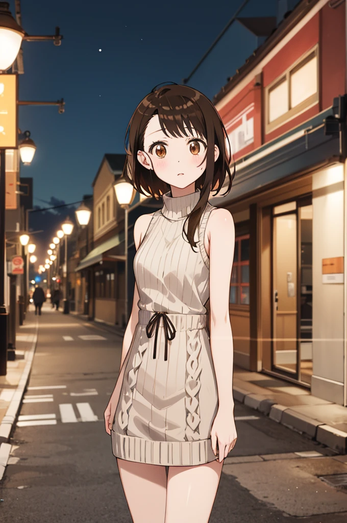 masterpiece, best quality, highres, aakosaki, brown hair, sidelocks, sweater dress, sleeveless, ribbed sweater, standing, cowboy shot, night, street