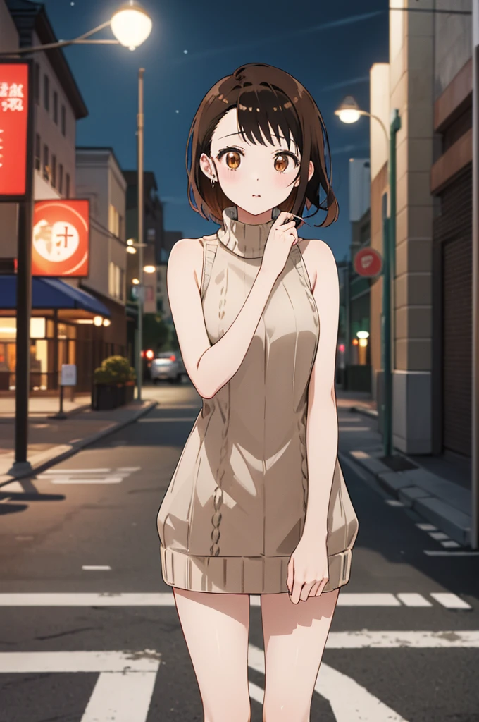 masterpiece, best quality, highres, aakosaki, brown hair, sidelocks, sweater dress, sleeveless, ribbed sweater, standing, cowboy shot, night, street