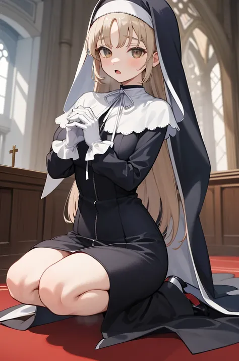 masterpiece, best quality, highres, aasister, long hair, nun, habit, white capelet, neck ribbon, (black dress:1.2), long sleeves...