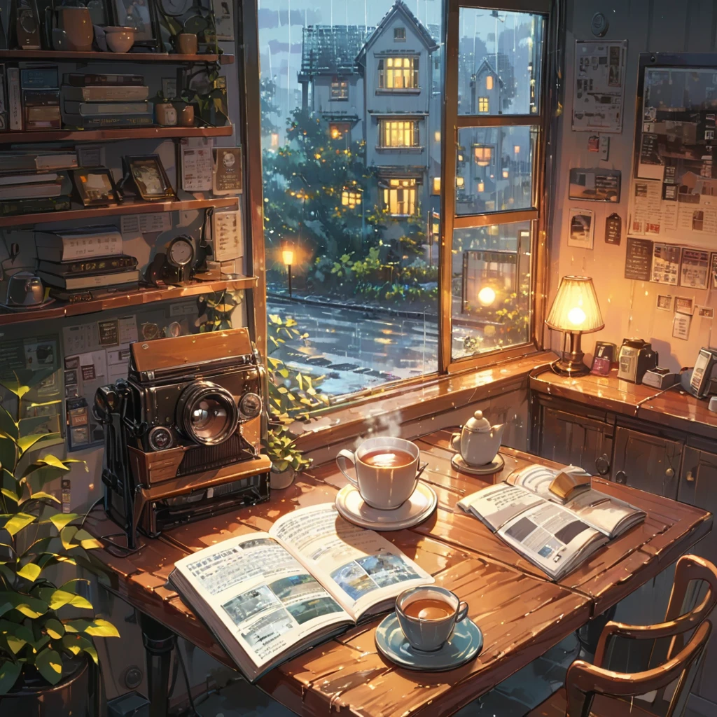 ((anime:1.4,illustration)),(masterpiece, top quality, best quality),(ultra-detailed, absolutely resolution),((16k, high res)), (((cozy cafe interior, rainy day, comfortable chair, book, soft, a large window with raindrops, a steaming cup of tea or coffee on a table, and warm ambient lighting for a serene atmosphere))), ((cozy lofi illustration:1.4)), ((anime:1.4, illustration)),(masterpiece, top quality, best quality),(ultra-detailed, absolutely resolution),((16k, high res)) BREAK {lofi art, style of Laurie Greasley, style of Makoto Shinkai, anime aesthetic}, BREAK { (produces images with information than 40 million pixels with cinematic-like detailed textures shot on a Sony SLR).}