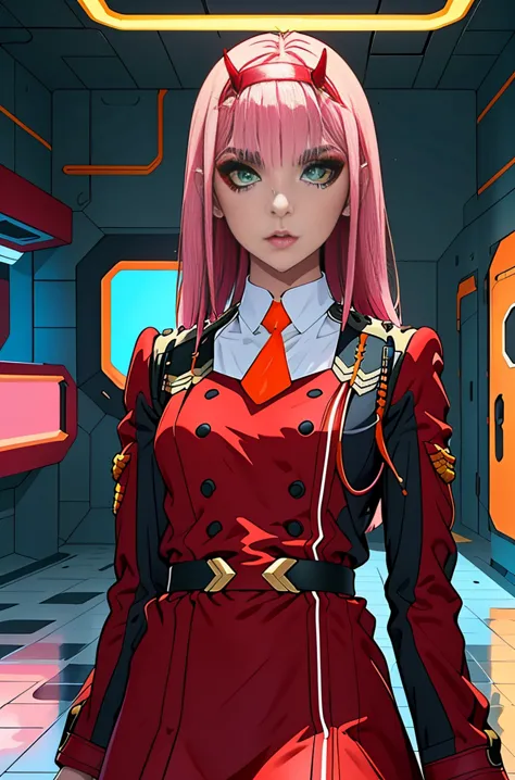 zero-two, long straight and shiny pink hair, small white tiara with two small red horns, (white tiara), straight bangs cover the...