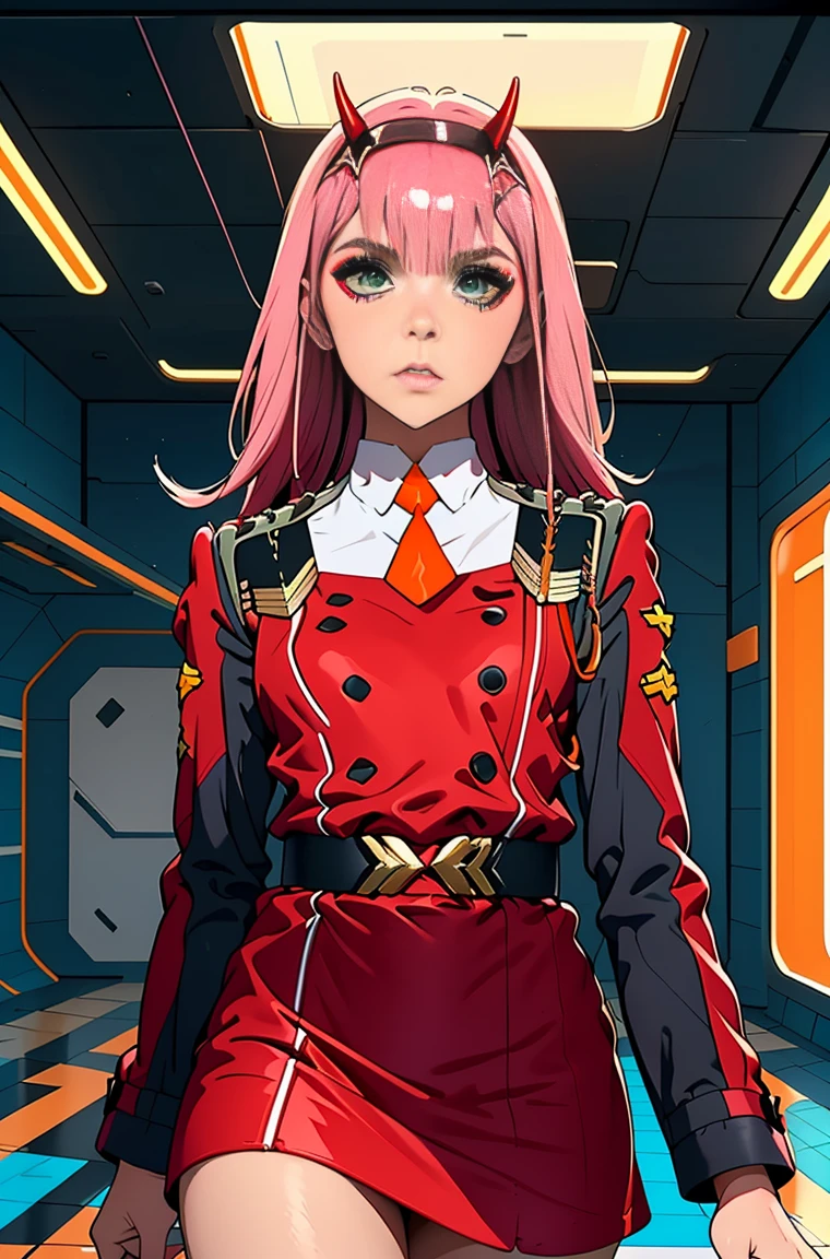 Zero-Two, Long straight and shiny pink hair, small white tiara with two small red horns, (white tiara), straight bangs cover the forehead, green eyes, mascara makeup, eyeshadow makeup, red military uniform with gold metal details on the shoulders, small story black with gold metal detail on the double buckle, white collar with small orange tie, six black buttons, three on each side on the front of the uniform, long red sleeves with black detail, , ((red skirt)), red skirt on top in black tight pants, inside a futuristic room with white neon lighting, teenagers in the background.