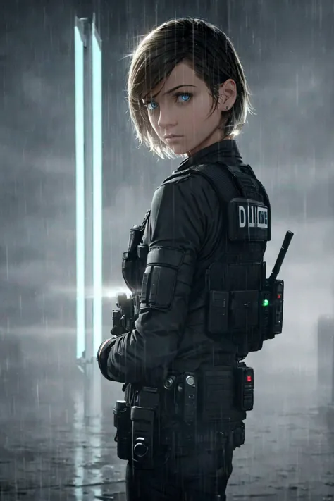 (masterpiece, photorealistic, 8k), 1girl, short hair, police officer, ballistic vest, futuristic city, raining night, patrol car...