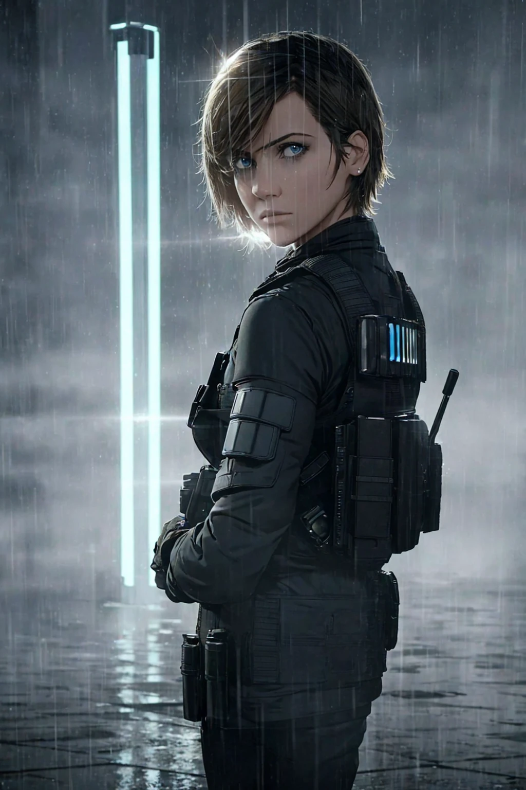 (masterpiece, photorealistic, 8k), 1girl, short hair, police officer, ballistic vest, futuristic city, raining night, patrol car, (siren lights), (backlight:1.6), looking at viewer, realistic, extremely detailed eyes and face, cinematic lighting, dramatic lighting, rainy atmosphere, rain drops, moody colors, dark tones, close