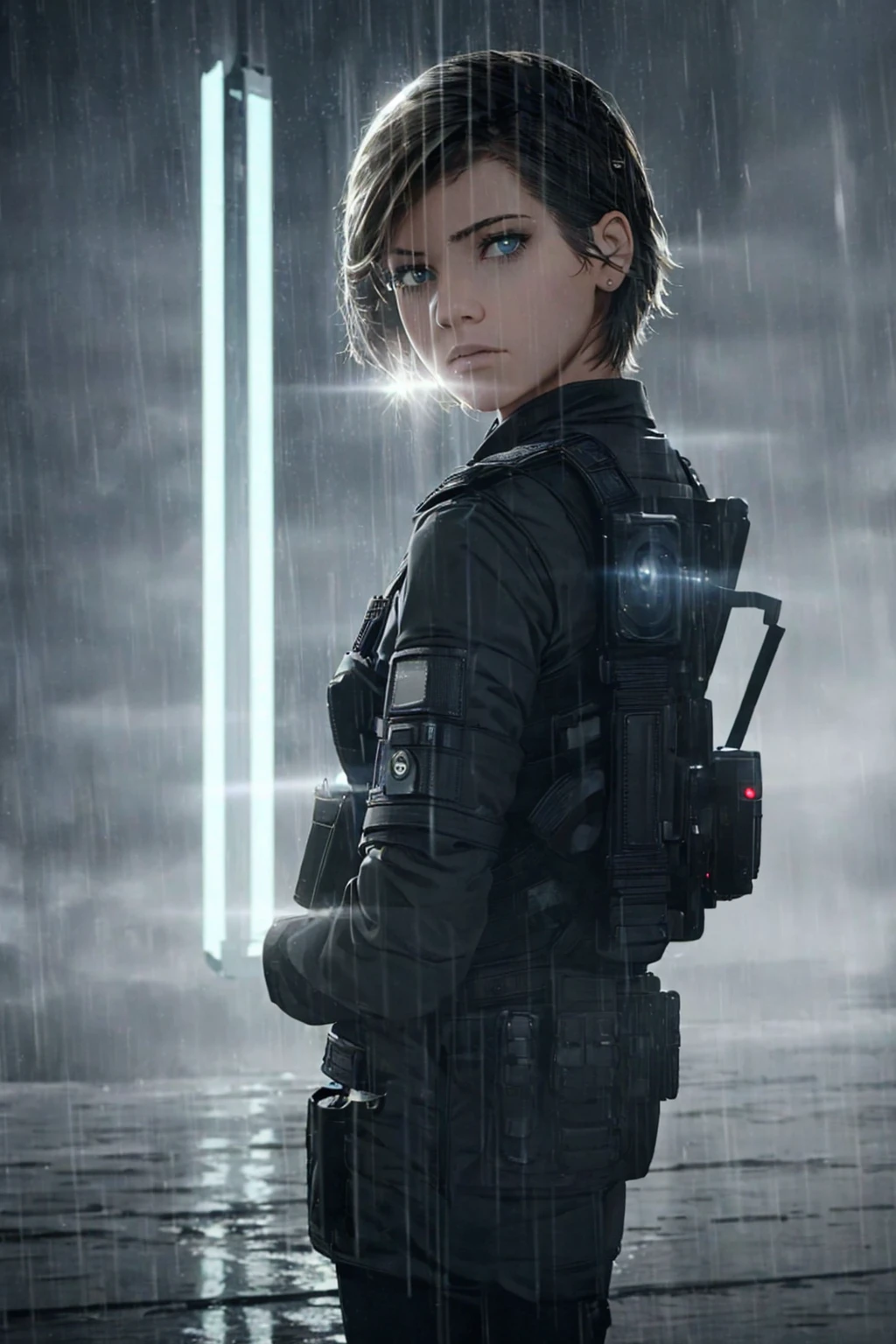 (masterpiece, photorealistic, 8k), 1girl, short hair, police officer, ballistic vest, futuristic city, raining night, patrol car, (siren lights), (backlight:1.6), looking at viewer, realistic, extremely detailed eyes and face, cinematic lighting, dramatic lighting, rainy atmosphere, rain drops, moody colors, dark tones, close