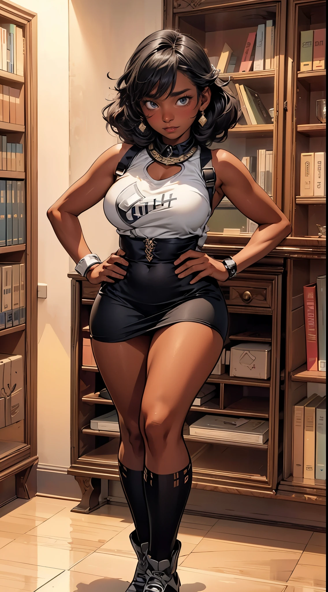 (((dark-skinned))), (bookworm, 25-year-old Mahagony-skinned,  darkskin statuesque oblong-shaped face,vivacious black eyes, prominently narrowed convex hooked nose, hourglass physique,thick, alluring, large breasts, large butt, heart hips, long, toned legs, messy pixie bun, glasses,  sweater dress, high definition, 96k, fullbody, risky, vivd,Graffiti graphic novel, digital masterpiece,) (sultry and strong,beautiful, toned, Golden Ratio physique ((mystifying Ultra Detailed Iris,))  Extremely Detailed Body and Wide Hips. The character should have intricately accurate facial and physical structure* intricately realistic expression and emotion* accurate colored complexion* accurate clothing design* complex hairstyles* and intricate character detail. Human realistic features) ::10  (, sensual energetic atomsphere, perfect prompt, perfect prose, Unreal Engine 5, Cinema, Ultra wide angle, Depth of field, Hyper detail, Fine details, Fabric texture, erotica,, Depth of field, Tilt blur, white balance, 64k , super resolution, megapixel, VR, single, good, ambient light, half light, backlight, natural light, incandescent light, optical fiber, dark light, cinematic light, studio light, soft light, ambient light, contrast light, beautiful light, accent light, general lighting, screen space general illumination, ray traced global illumination, optics, diffuse , Glow, Shadows, Rough, Glow, Raytraced Reflections, Clearance Reflections, Screen Space Reflections, Diffractive Gradation, Chromatic Aberration, GB ent Offset, Sweep Lines, Ray Tracing, Ambient Light Occlusion,Anti-Aliasing, FKAA, TXAA, RTX, SSAO, MSAAx4, shaders, OpenGL shaders, GLSL shaders, post-processing, post-processing, cell shading, tone mapping, CG, visual effects, sound effects, incredibly detailed and complex, hyper-maximal, elegant, hyper-realistic, super-detailed, dynamic pose)))