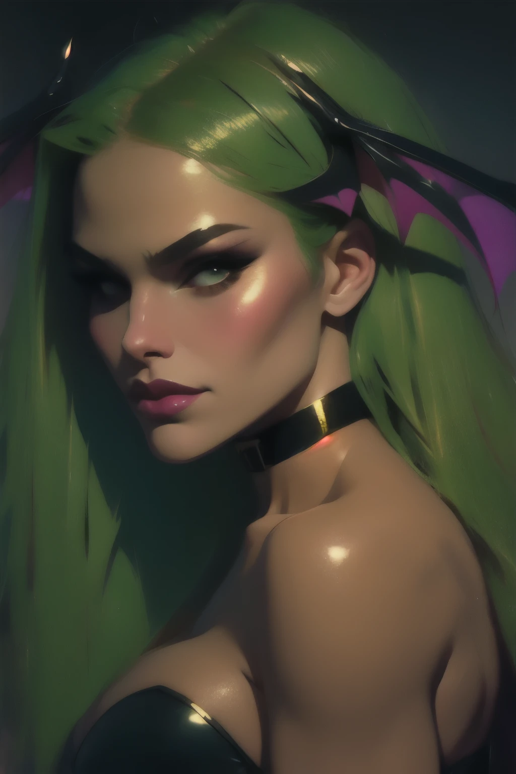 Retrato realista de pintura al óleo de Morrigan Aensland, luz de la luna, cuerpo caliente, Pose sensual dinámica, sonrisa suave, disfraz negro de pelo largo verde , (((alas de murciélago))) , cuerpo caliente, athletic, ((dedos de camello)), piernas moradas, texturas de piel detalladas, Intrincado, cara detallada, Híper realista, Luces y sombras realistas. , ((iluminación cinematográfica)) . Fondo de iluminación lunar poética.