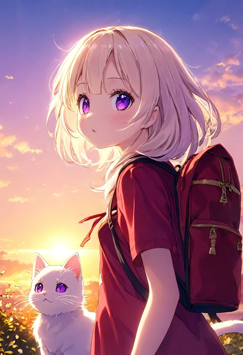 A little cat girl, beautiful detailed purple eyes, cream colored hair, Japanese , red backpack, high quality lighting, vibrant colors, soft lighting, golden hour lighting, magical realism, fantasy, anime style