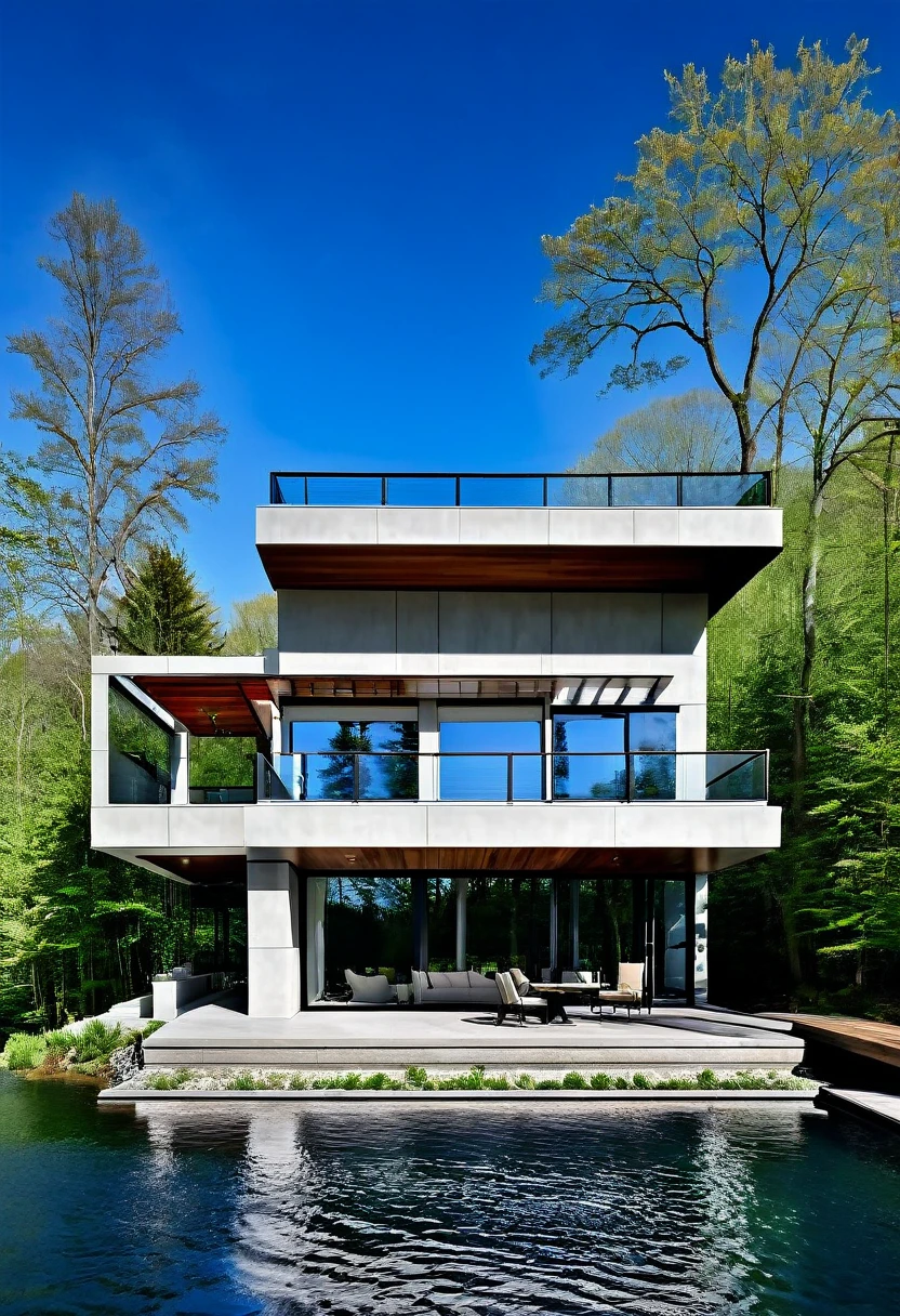 Imagine a contemporary home, where steel, wood and light gray concrete harmonize perfectly. Brise-brise style windows, allowing natural light to dance through the space while maintaining privacy. From the spacious deck, the view opens up to a large, serene lake, reflecting the blue sky and surrounding trees. It's a spring afternoon, the gentle breeze carries the scent of flowers and the peaceful sound of water. The space is welcoming and relaxing, ideal for enjoying a good book or a coffee, in complete harmony with nature. Photography, Hyperrealism style
