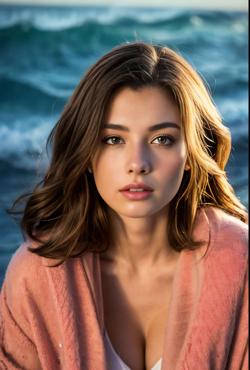 (best quality,4k,8k,highres,masterpiece:1.2),ultra-detailed,(Ultra-realistic, photorealistic,photo-realistic:1.37), 1 beautiful young Japanese Italian half model, 17yo, She's posing in a way that emphasizes her breasts, seductive pose, (sitting on coral coast in Australia:1.5), detailed eyes, high nose, blue eyes, delicate facial features, long eyelashes, peaceful expression, colorful dress, detailed folds and textures, Sparkling Waves, cool vibrant colors, cinematic lighting, 8k, high quality, photorealistic, studio lighting, detailed texture, vivid colors, toned body, detailed moist skin texture,