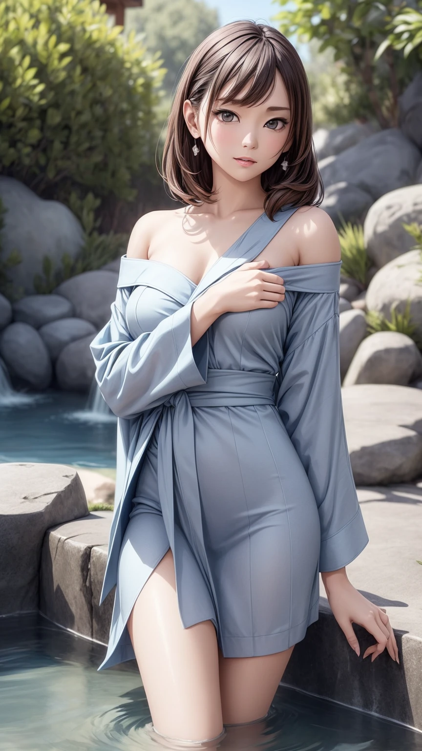 8K quality、High resolution、Realistic skin texture、High resolutionの瞳、woman、Gray yukata、Off-the-shoulder yukata、Princess Hair、thin、リアルなwoman器、Small breasts、thin脚、Wet body、Reader model、Slender model figure、Bold Pose、Shooting from below、hot spring