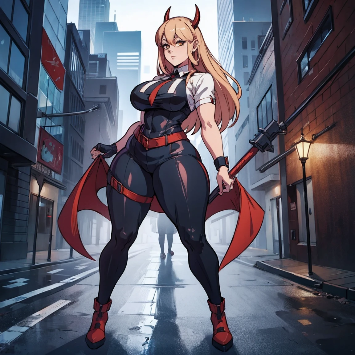 Power, has devil horns, thicc, busty, curvy, standing, full body