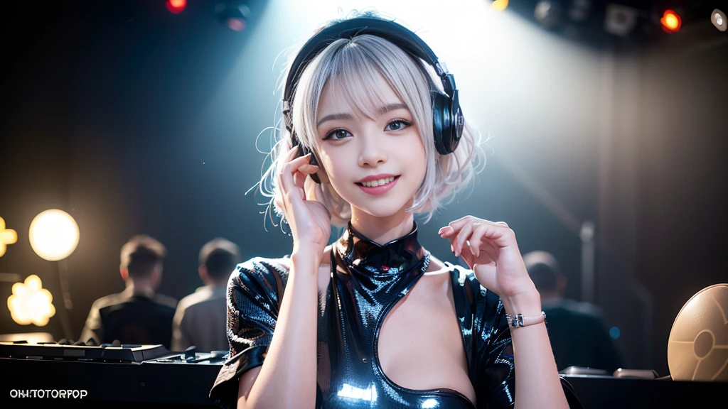 (ultra - detailed, 16K resolution, Cinema lenses, rendering by octane), (high resolution:1.18), intricate detail, (masterpiece:1.1), (highest quality:1.1), (1girl, portrait, white hair, blue eyes, short hair, detailed eyes),Wearing silver DJ headphones, Shiny silver sequined T-shirt, (Iconic hip-hop pop costumes:1.3), Smile while DJing on stage, full body shot of, The spotlight shines on the female DJ. Photorealistic photography by Disco Lighting, (cute round face:1.3), perfect fingers, five fingers, beautiful hands, perfect hands. master peace, cute smile.