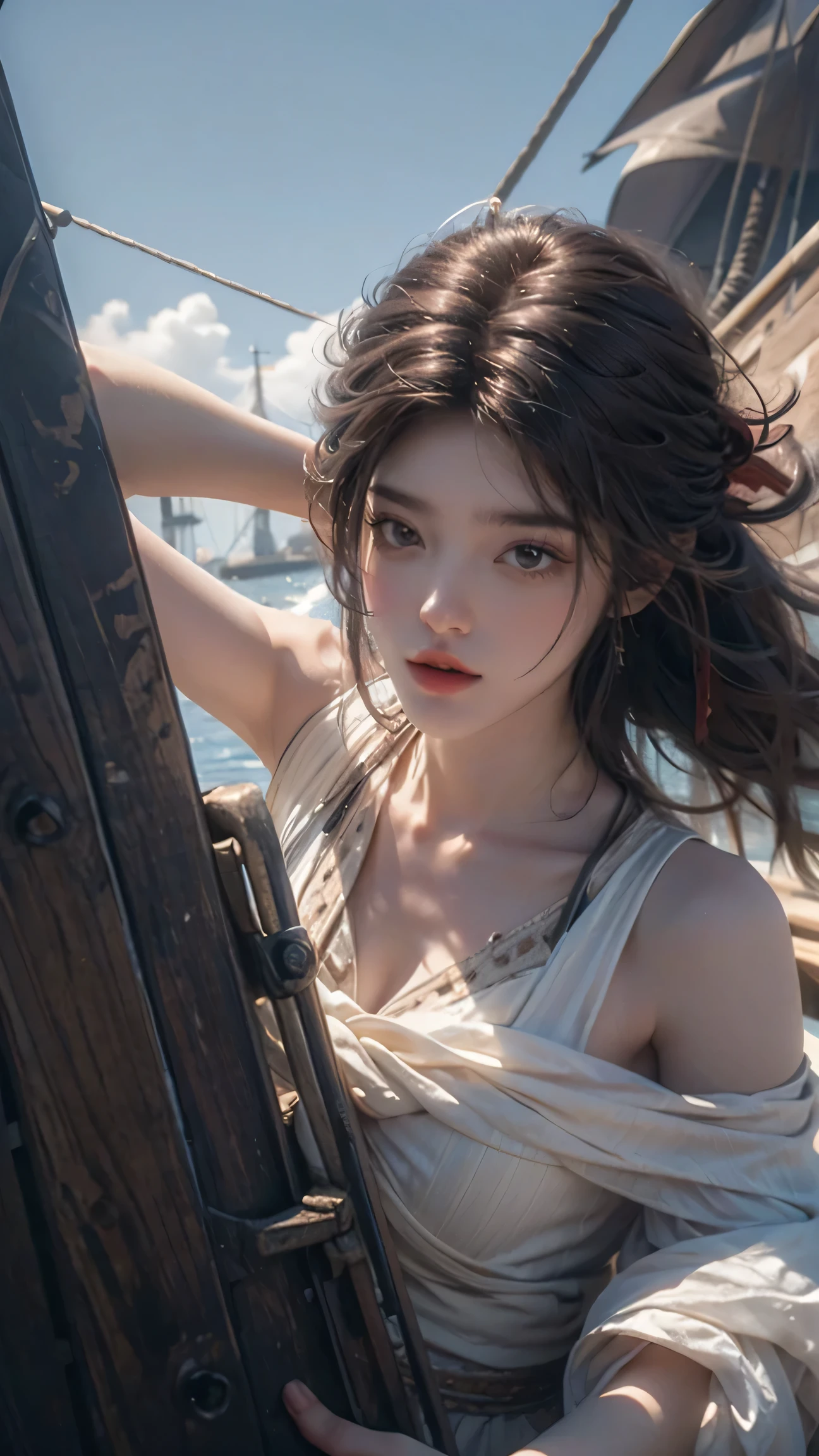 Epic CG masterpiece, hdr,dtm, full ha,8K, ultra detailed graphic tension, dynamic poses, stunning colors, 3D rendering, surrealism, cinematic lighting effects, realism, 00 renderer, super realistic, full - body photos, super vista, super wide Angle, HD
Pirate (Mole under eye:0.8), Milky skin, (shiny skin:1.3)watery eyes,
