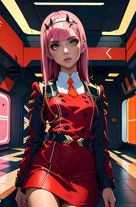 zero-two, long straight and shiny pink hair, small white tiara with two small red horns, (white tiara), straight bangs cover the...