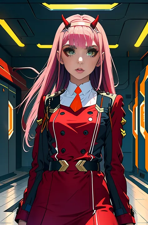 zero-two, long straight and shiny pink hair, small white tiara with two small red horns, (white tiara), straight bangs cover the...