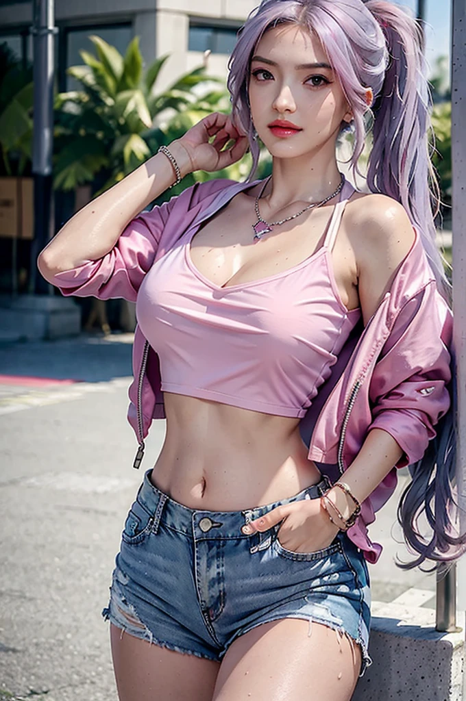 photorealistic, high resolution, 1 girl, hips up, beautiful eyes, wet skin, light purple hair, medium breast, t-shirt, pink skirt , red jacket, streetwear, bracelets,elegant necklace, elegant diamond earrings