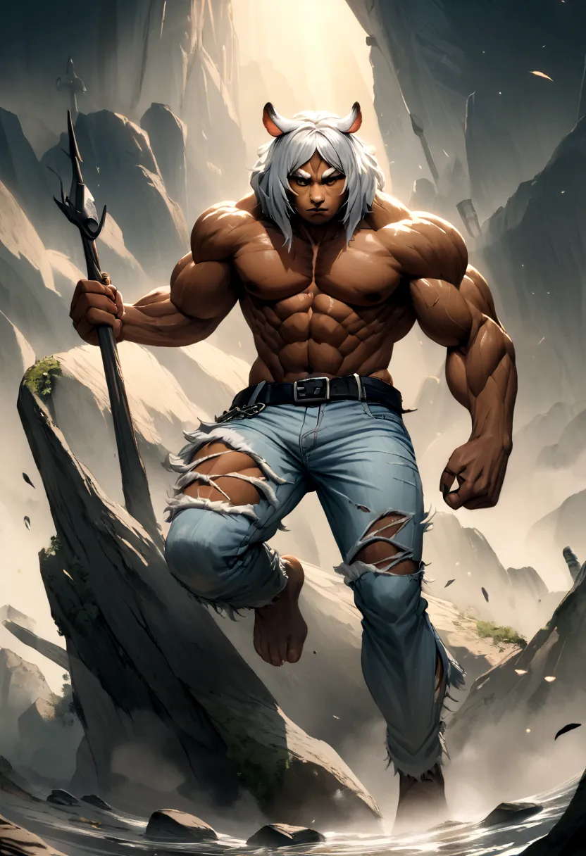 A large, muscular white tiger man wearing torn jeans and no shirt