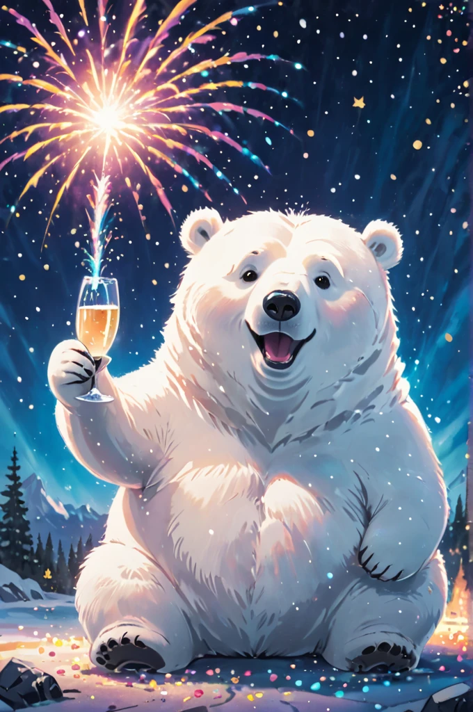 Cosmic Canvas,perfection, clean, masterpiece, Professional artwork, Famous works of art, A picture of a cute fat polar bear character, (Fireworks Background),  I have a champagne glass