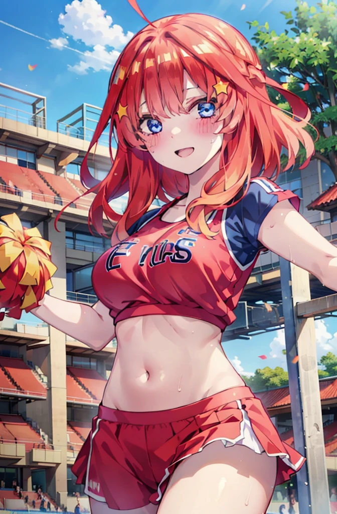 itsukinakano, Itsuki Nakano, bangs, blue eyes, hair between eyes, Ahoge, Redhead, star \(symbol\), happy smile, smile, Open your mouth,hair ornaments, star hair ornaments,(cheer leading), (whole body), Big Breasts, Lower, (Sweaty), Sweaty Wet Clothes (Red clothes),  No sleeve,Belly button support, playground, (Jump), (Jump), 足を曲げてJumpする, air, blue sky, Grass原, smileのチアリーダー, Pom-pom \(cheer leading\), Grass, whole bodyがイラストに入るように,
break outdoors, Stadium,
break looking at viewer, whole body,
break (masterpiece:1.2), Highest quality, High resolution, unity 8k wallpaper, (shape:0.8), (Fine and beautiful eyes:1.6), Highly detailed face, Perfect lighting, Highly detailed CG, (Perfect hands, Perfect Anatomy),