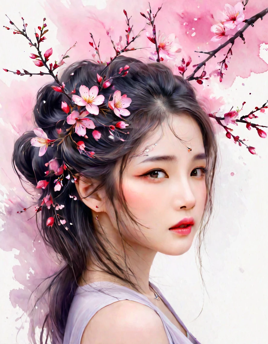 wallpaper，32K，Painted style，Modern minimalist art，（Plum blossom tattoo on neck）,Woman with pretty face，Black long hair，（Neck tattoo of plum blossom：1.3），Flowing hair illustration，Fair face，slim, beautiful eyes， Elegant digital art, Beautiful digital illustrations, Beautiful character painting, 
