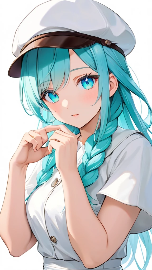 (Eyes:1.1), (Hands:1.1), (Fingers:1.1), Female, woman, mature, Beautiful, Humble, Kind, long hair upper waist Stright Braided Hairstyles, Aqua blue pupil eyes colour, bright cyan Hairs, leather white wear Newsboy Cap, white dress flowing with skirt, standing front the blank white canvas, Anime style, vivid colours, (White backgrounds:1.1)