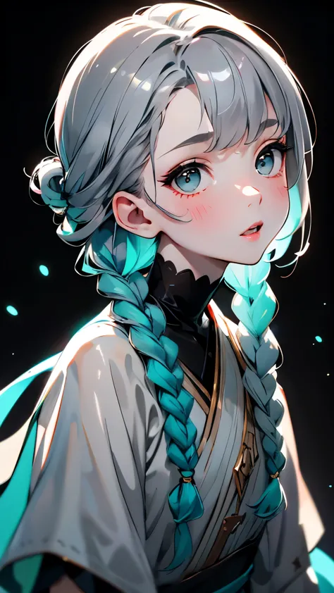 1 Girl, White skin、Caucasian、Very cute face、Small Nose、Fuller lips、Braids tied together、French Braid、Malaise、night, dark, ((Grey...