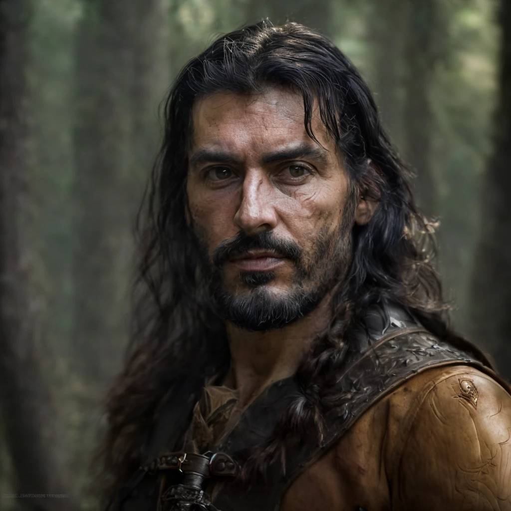 (masterpiece)+, (extremely (realistic)+,a portrait of a adult gipsy male ranger, Long black hair, skin imperfections. black beard, leather armor, focused stare. Looking at camera. volumetrics dtx, Photorealistic, ultra detailed, Artstation trending, very very detailed, realistic shaded lighting, dynamic shadows, detailed Forest background, upper body, professional photograph of a detailed skin, sharp focus, dramatic, award winning, cinematic lighting, octane render, unreal engine, volumetrics dtx, Photorealistic, ultra detailed, Artstation trending, very very detailed, hyperrealistic, fine details, realistic shaded lighting, dynamic shadows, Forest background, add_detail:1, skin pores and wrinkles, details.,