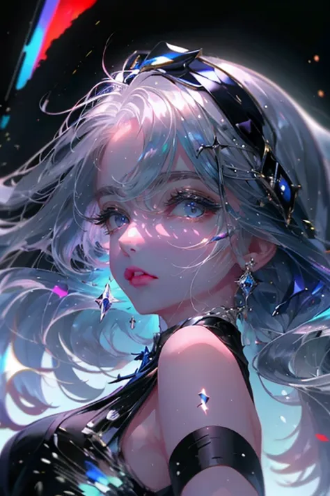 1girl,solo,cool,silver hair,colorful,paint,upper body focus,perfect face,red eye,brilliant eye,vivid eye,around blue flame,dark,...