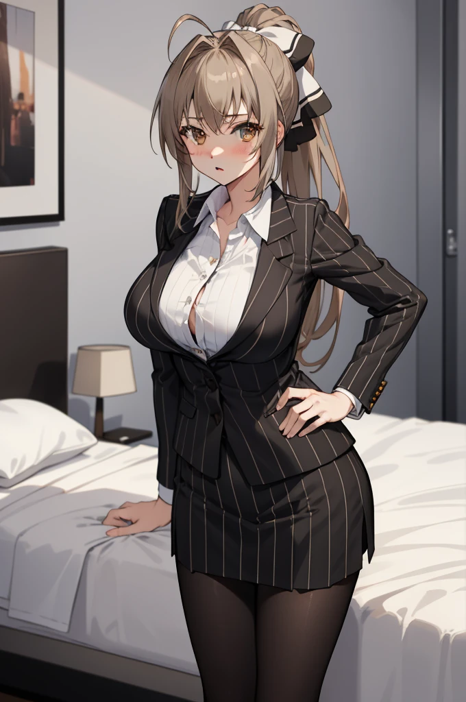 masterpiece, best quality, highres, aaisuzu, 1girl, ponytail, hair bow, brown eyes, pinstripe suit, black suit, collared shirt, pinstripe skirt, black pantyhose, cowboy shot, standing, office, looking at viewer,huge breasts,open shirts,on bed