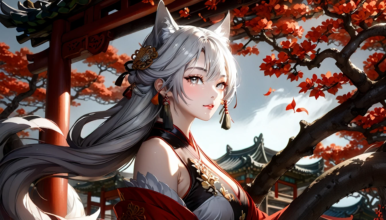 长发动漫女孩和Fuchs, Beautiful red Fuchs lady, 白毛Fuchs, schöne Charaktermalerei, schönes Anime-Porträt, Fuchs耳朵的女孩, a beautiful Fuchs woman, Kunstwerke im uralten, mysteriösen Stil, guweiz, by Ren Renfa, Fuchs, große Brüste，Volle Brüste，Goldener Schnitt，perfekter Körper，Ultra-Weitwinkelaufnahmen，Ganzkörperaufnahme，Körper Nahaufnahme，schau dir das Publikum an，Einen Tüllbikini tragen，Weiche Anime-Illustration, Weicher, dunkler Hintergrund，Fujifilm XT3 klarer Fokus, f 5.6, Hohe Detailliertheit, klarer Fokus, dramatisch, (Durchbrochene Kleidung tragen), (Blick ins Publikum:1.8), (Natürliches Licht), (verlockend)