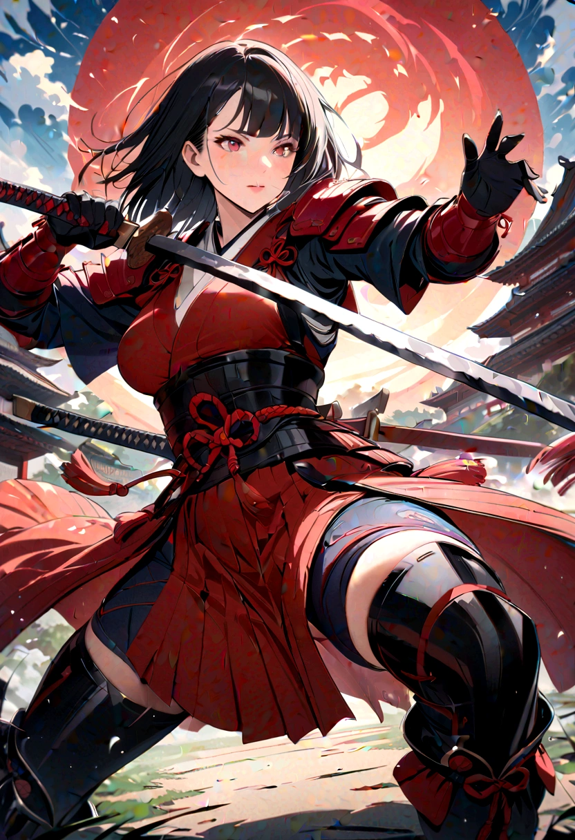 a picture of Japanese female samurai, she has long black hair, wearing samurai armor, armed with a katana, ready for battle, dynamic angle,, Japanese fantasy art, (Masterpiece: 1.5), 16k, highres, best quality, high details, ultra detailed, masterpiece, best quality, (extremely detailed), arafed, dnd art, JapaneseKatana, wtrcolor style