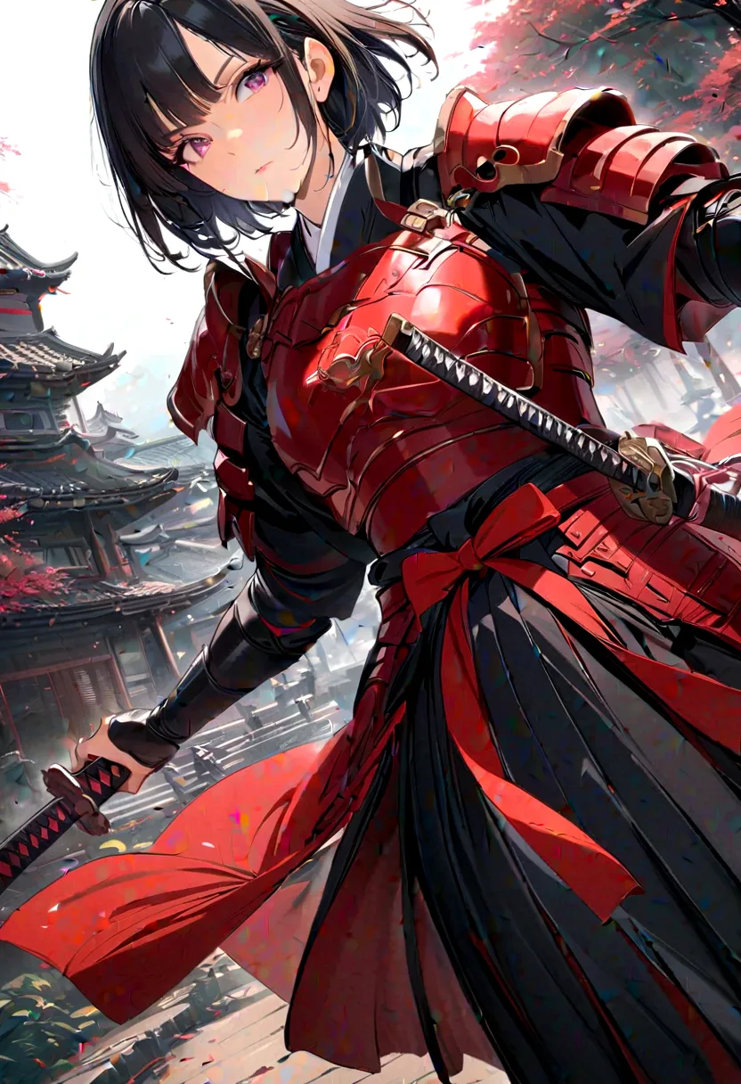 a picture of japanese female samurai, she has long black hair, wearing samurai armor, armed with a katana, ready for battle, dyn...