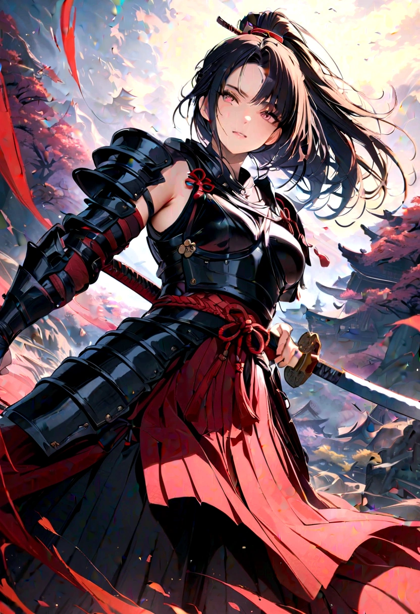 a picture of Japanese female samurai, she has long black hair, wearing samurai armor, armed with a katana, ready for battle, dynamic angle,, Japanese fantasy art, (Masterpiece: 1.5), 16k, highres, best quality, high details, ultra detailed, masterpiece, best quality, (extremely detailed), arafed, dnd art, JapaneseKatana, wtrcolor style