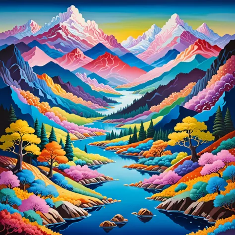 painting of a river with mountains and trees in the background, a surrealist painting inspired by Tomokazu Matsuyama, tumblr, me...